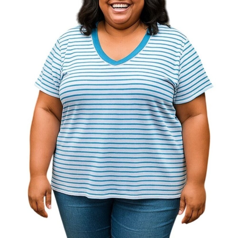 JMS Just My Size Plus Size 3X Top Blue White Striped V-Neck Short Sleeve